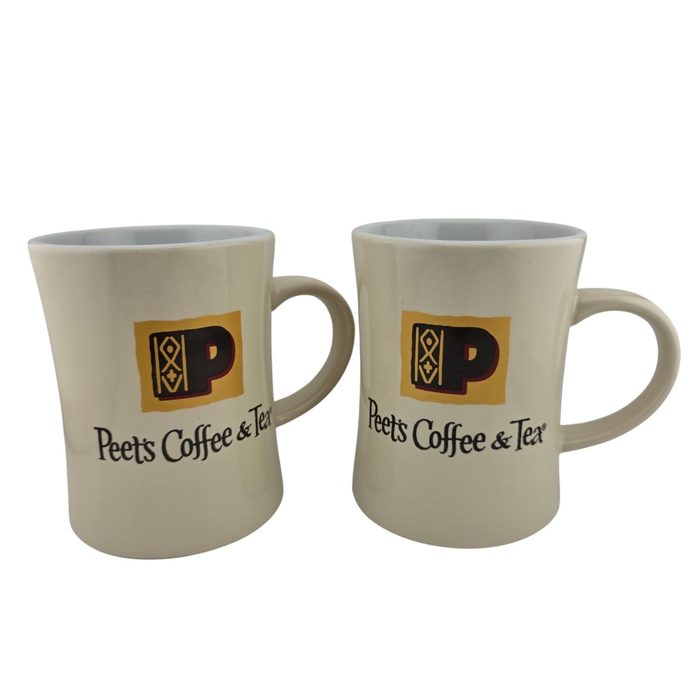 Peet's Coffee BIA Ceramic Logo Mugs Set of 2 White GOOD Kitchenware Cafe Culture